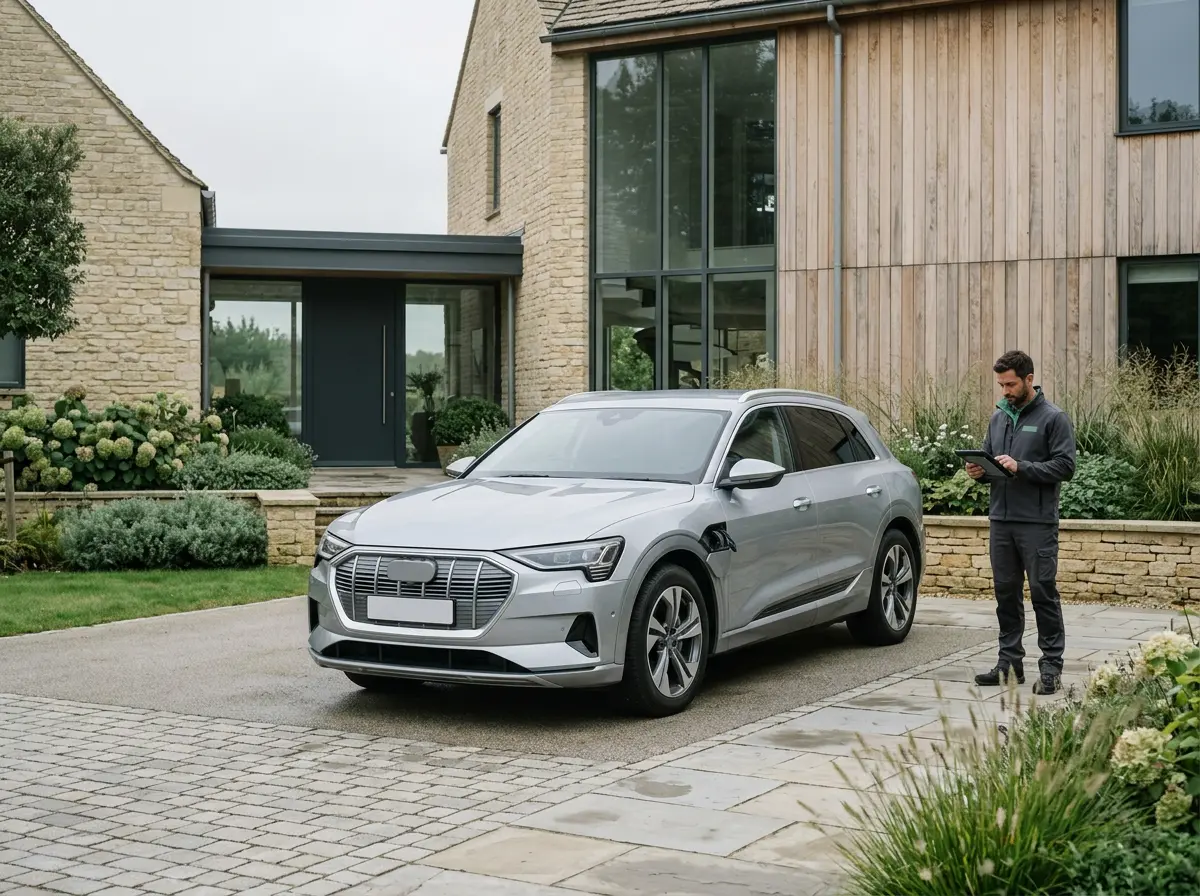 Illustration of a mobile EV technician checking a silver electric SUV on a residential driveway